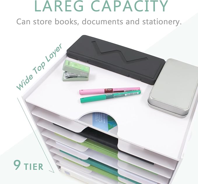 SONGWAY File Organizer for Desk - 9 Tier Wide Document Holder, Letter Mail Tray Storage Rack, File Sorter Organizer, Paper Storage Holder, Desktop Organizer for Home Office School, White