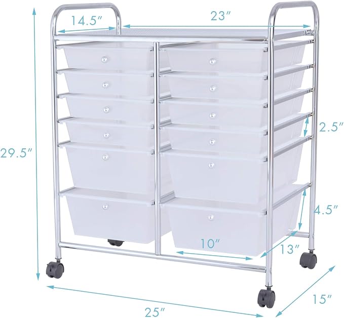 Moccha 12-Drawer Rolling Storage Cart - Under Desk Storage Drawers with wheels for Craft Art Supply Paper Salon, Scrapbook Paper Tools, Mobile Utility Cart for Classroom, Clear