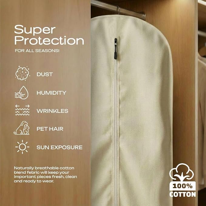 100% Cotton Garment Bag | Long | Breathable Garment Bags for Hanging Clothes | Garment Storage Bag for Long Dresses & Coats Storage | Pack of 1 (42 Inch)