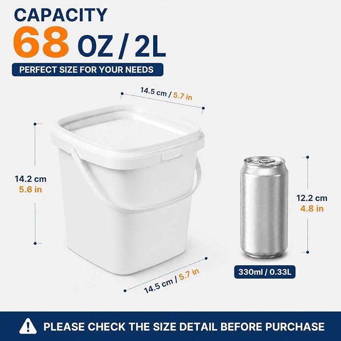 24 Pack Ice Cream Containers, Plastic Buckets with Lids 68 oz, White | 2 Qt Square Food Storage Containers, Handles, Freezer Safe, Leakproof, Reusable