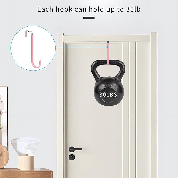 FYY Over the Door Hooks, Single-Hanger 4 Pack, Fits Doors 1.6" Pink | Heavy Duty Metal, Hold 20lbs, Rubber-Coated, No-Drilling, for Bathroom Dorm, Hanging Towels Clothes Hats Bags Coats Wreaths