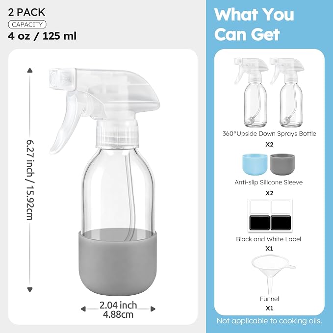 Tecohouse 2 Pack 360° Glass Spray Bottles with Silicone Sleeve, 4 oz Clear Empty Refillable Containers with Adjustable Spray Nozzles, Dark Spray Bottles for Cleaning Solutions, Plants (Blue & Grey)