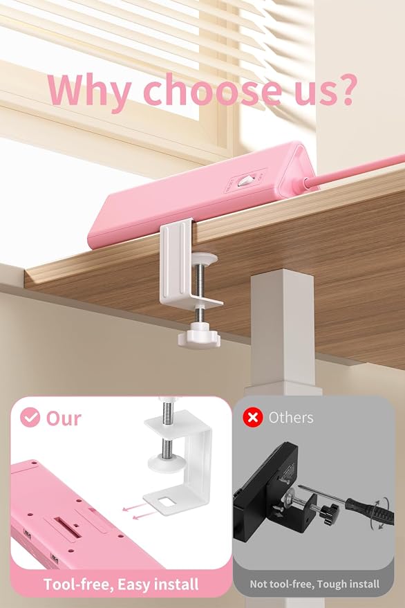 6.5 FT Desk Clamp Power Strip with 5 AC Outlets & 6 USB Ports PD 40W USB-C Fast Charging, Extension Cord with Multiple Outlets, Fits 2.1 in top Edge Pink