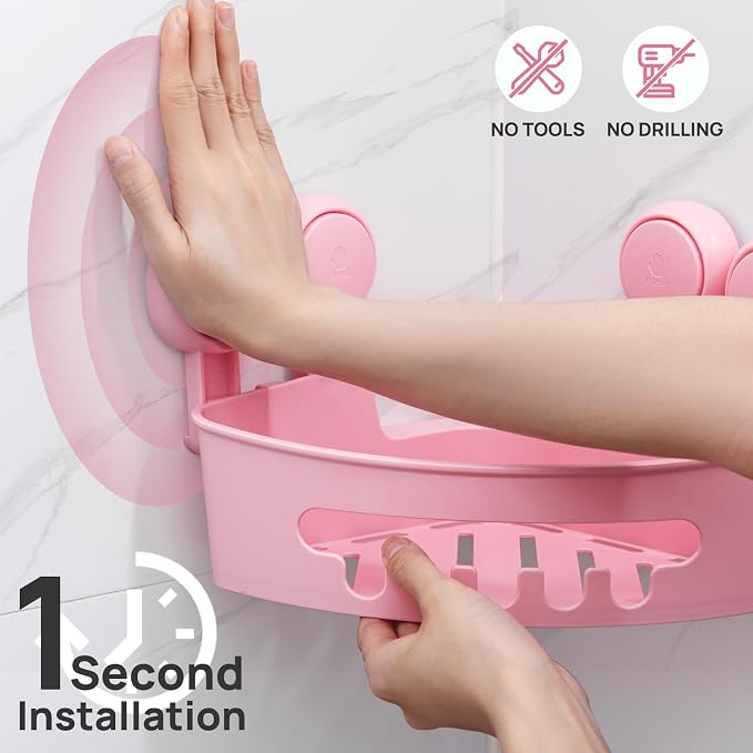 LEVERLOC Corner Shower Caddy Suction Cup, Shower Shelves Suction Cup | 2 Pack Heavy Duty Basket Bathroom, Removable Shower Organizer for Kitchen, No-Drilling Shower Caddies(Pink)