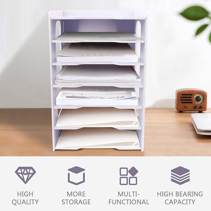 SONGWAY File Organizer for Desk - Desk Organizer for Document, Multifunctional 7 Tier Vertical File Holder, Paper Holder Organizer, Desktop File Organizer for Home Office School Decorations, White