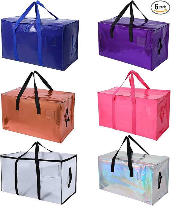 6 Pack Moving Bags Heavy Duty, Extra Large Moving Bags, Moving Supplies, Storage Bags with Handles and Zippers, Waterproof Totes for Storage Saving Packaging Shipping and Travel(Multicolor)