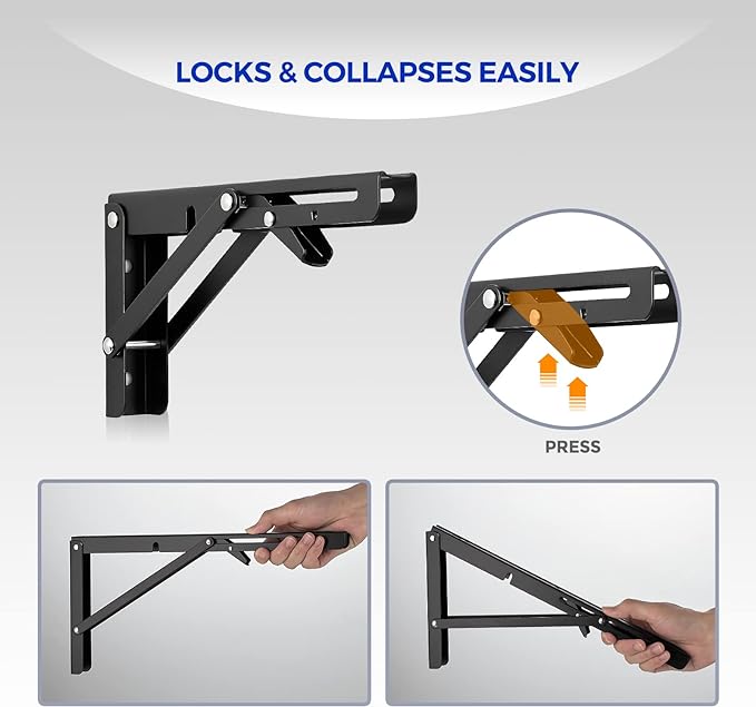 Ravinte Matte Black Folding Shelf Brackets, 14 Inch, 2 Pack | Collapsible Bracket Design, Table And Bench Support, Space-Saving Shelf Setup, For Worktops, Laundry Rooms, Garage Projects