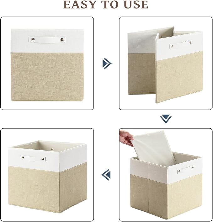 FinishingBo 13 x 13 Inch Fine Linen Storage Bins with Handles，Fabric Cube Boxs，Basket Organizers for Shelves for Home, Closet Drawers (White/Khaki-6 Pack)