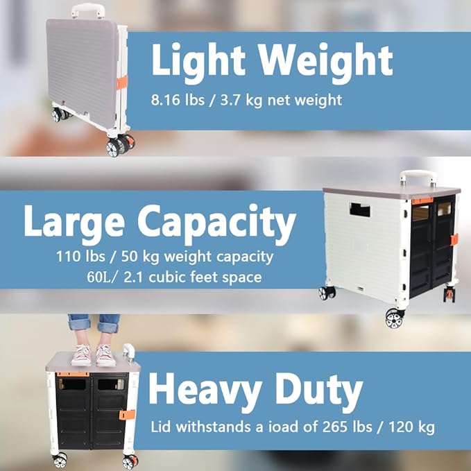 FELICON SELORSS Foldable Utility Cart Folding Portable Rolling Crate Handcart with Durable Heavy Duty Plastic Telescoping Handle Collapsible 4 Rotate Wheels for Travel Shop Move Luggage Office(White)