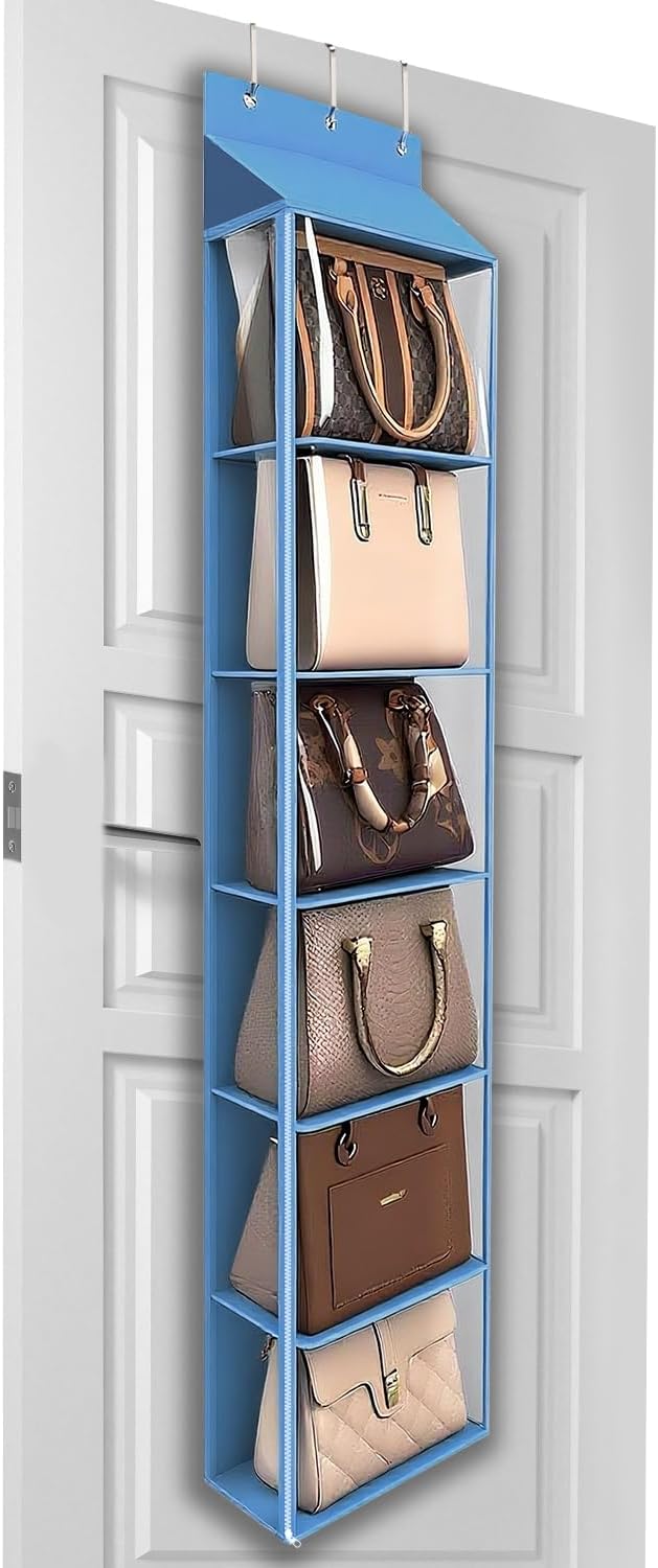 Lirex Over The Door Purse Organizer & Purse Shelf for Closet – Handbag Storage Organizer with Purse Hanger. Perfect for Scarves, Hats, and Leggings. S (11.8'' x 5'' x 51.6''), Blue