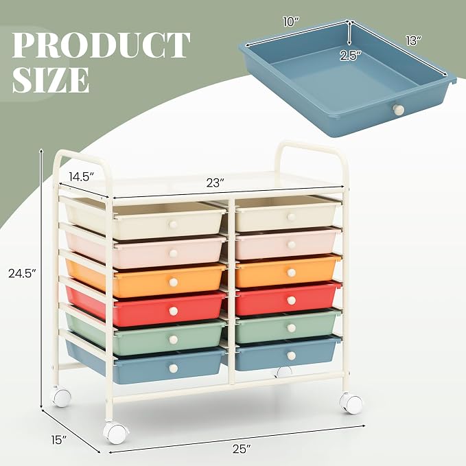 LDAILY 12 Drawer Rolling Storage Cart, Craft Cart Organizer on Wheels w/Metal Frame, Large Capacity & Smooth Drawer, Rolling Cart w/Drawers for Classroom, Office
