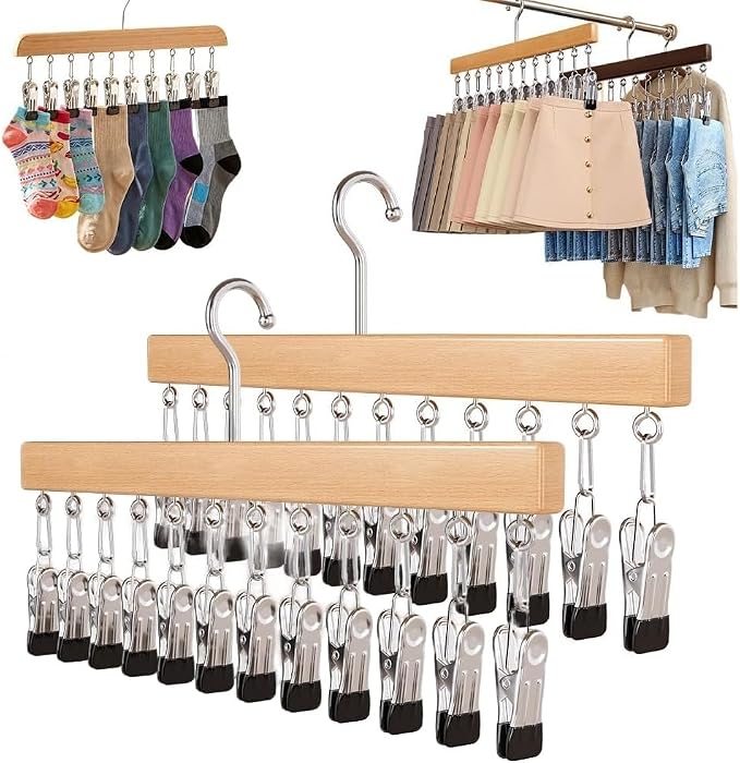 10/12-Clip Wooden Hanging Organizer, Sturdy Rack for Pants, Leggings, Socks, Hats, Scarves, Multi-Purpose Closet Storage for Home Use (2, Burlywood 12clip)