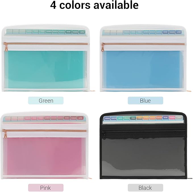 Mukawa 13 Pocket Expanding File Folder, Zipper Accordion File Folder, Expandable Folder with Customized Labels, Document Organizer for School Kids, Office Paper Organizer, Letter Size (Green)