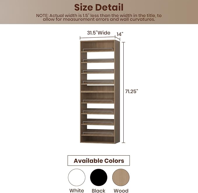 ROOMTEC Modular Closet System, 31.5" Shoe Shelf Closet Tower Wall-Mounted Closet Organizer, Wooden Tower for Walk-In Closets, Wardrobe Storage Kit, Wood