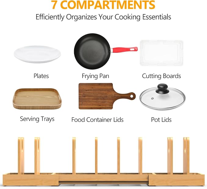 Expandable Pot Lid Organizer, Bamboo Pot and Pan Organizer for Under Cabinet, 16" to 28" Adjustable Length and 8pcs Dividers