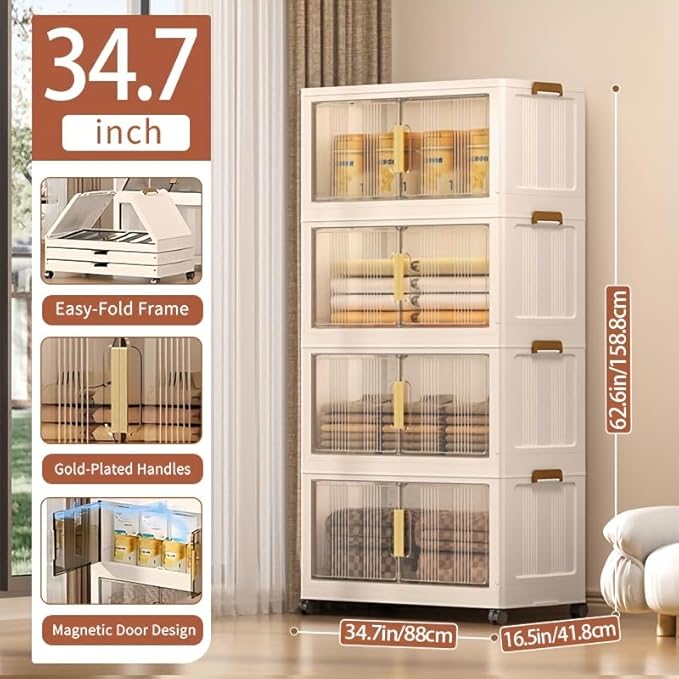Storage Bins with Lids, 4 Tier 480 QT Stackable Plastic Storage Bins, Foldable Storages Boxes with Magnetic Doors and Wheels for Clothes, Snacks, Books, Folding Containers for Home Office