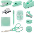 Green Desk Accessory Kit Cute Office Supplies Set Desktop Stapler Set Includes Staple Remover Hole Punch Tape Dispenser Ballpoint Pen Scissor Mini Box Cutter Tape Measure Paper Clips Sticky Notes