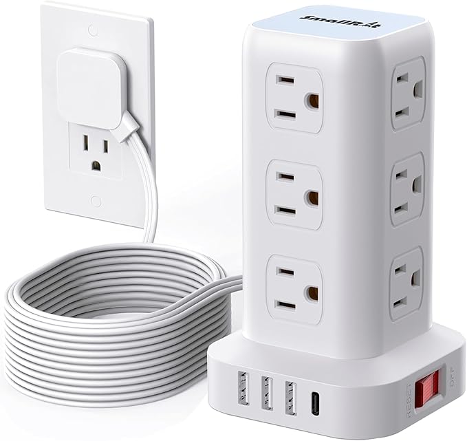 Extension Cord with Multiple Outlets, SMALLRT Flat Plug Power Strip Tower, Outlet Extender with USB 12 AC Outlets, 10FT Ultra Thin Extension Cord for Home Office, Overload Protection
