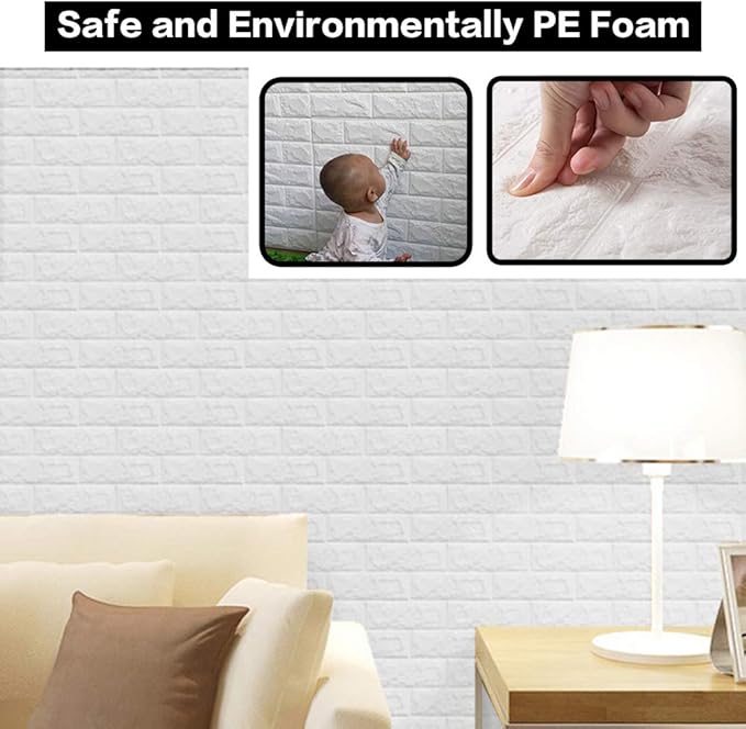 3D Wall Panels Peel and Stick, 14.5 Sq Ft Coverage,Printable Faux Brick Wallpaper Sticker with Self-Adhesive Waterproof Foam for Interior Wall Decor, Bathroom, Home Decoration (10 Pcs) (White)