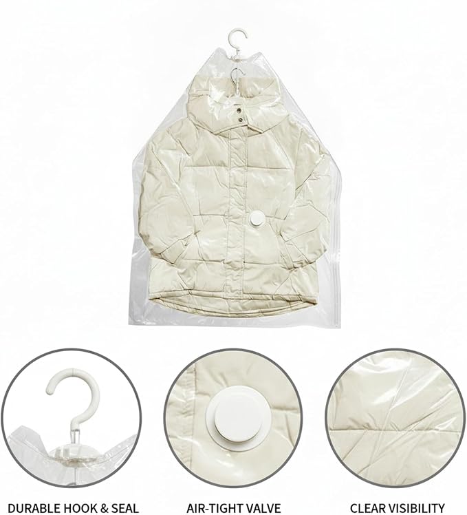 Clear Hanging Vacuum Storage Bag with Hook, Space Saver for Coats & Comforters, 35.4 x 27.6 Inch, Reusable Closet Organizer (1 Pack)