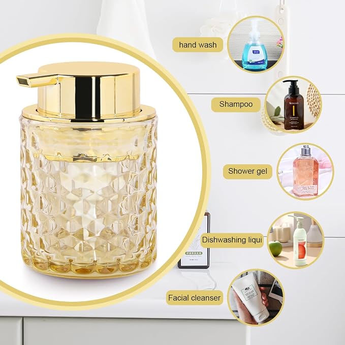 10 Oz Glass Hand Soap Dispenser with Pump, Refillable Bathroom Gold Foaming Soap Dispenser, Vintage Glass Diamond Lotion Container Bottle for Bathroom and Kitchen (1, Amber and Gold)
