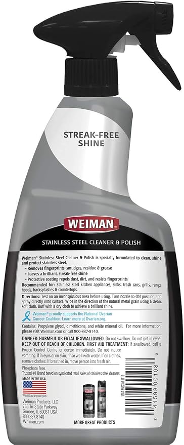 Weiman Stainless Steel Cleaner and Polish - Streak-Free Shine for Refrigerators, Dishwasher, Sinks, Range Hoods and BBQ grills, 22 Fl Oz