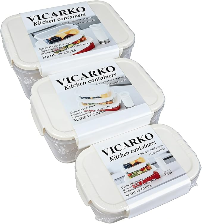 VICARKO 3 PCS Stackable Vacuum Food Storage Containers Set with Hand Pump | Keep Food Fresh Up to 5X Longer, 17 oz/ 34 oz/ 68 oz, White, BPA-Free, Airtight, Leakproof, Date Tracker, Seal Meal Saver