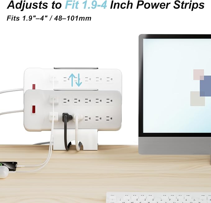Power Strip Holder (4 Pack), No-Drill Clamp Mount for Power Strip, Under Desk Power Strip Holder, Fits 2"-4" Surge Protectors, for Desk Edge 0.2-2.56" (White)