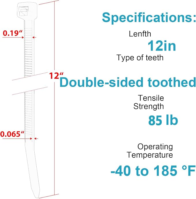 12 Inch Zip Ties Double Sided Toothed (Bulk 1000 Pack),85 LBS Tensile Strength Heavy Duty Cable Wire Ties With Self-Locking Adjustable More Durable Nylon Tie Wraps for Indoor Outdoor