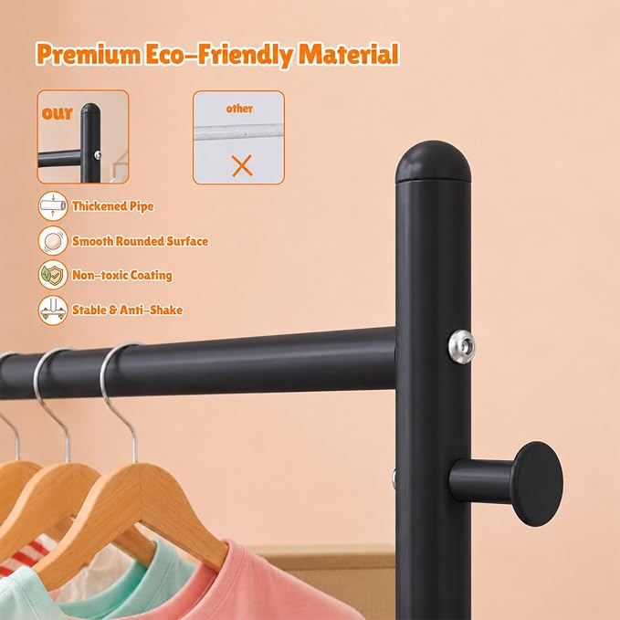 Kids Clothing Rack with Double Rod, Storage Basket & Hooks, Height Adjustable Kids Clothes Rack, Portable Baby Dress Up Garment Rack for Princess Dresses, Black