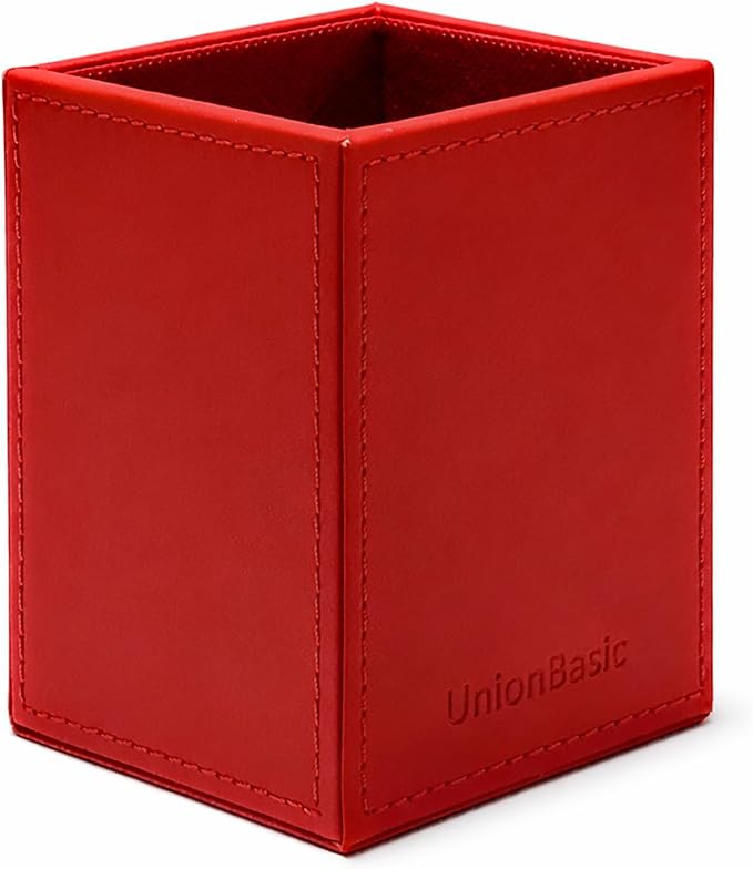 UnionBasic Square Pen Holder, Leather Pencil Cup, Desktop Caddy Stationery Organizer, Red