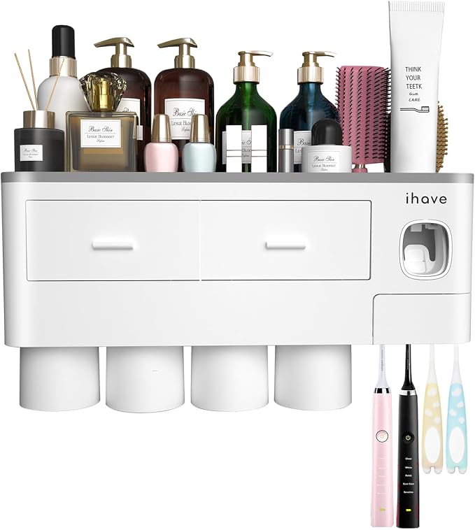 iHave Toothbrush Holders Wall Mounted with Toothpaste Dispenser & 4 Cups | All-in-One Bathroom Organizer: 4 Cups, 7 Slots, Toothpaste Dispenser, Large Tray & Drawer. Wall Mount, No Drilling Required