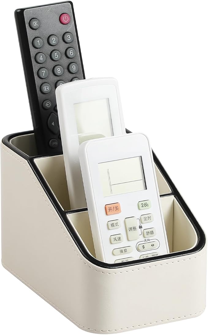 3 Compartments PU Leather Remote Control Holder, TV Remote Holder for Couch | Small Pen Desk Organizer for Office Bedside Living Room, Remote Caddy Nightstand Organizer