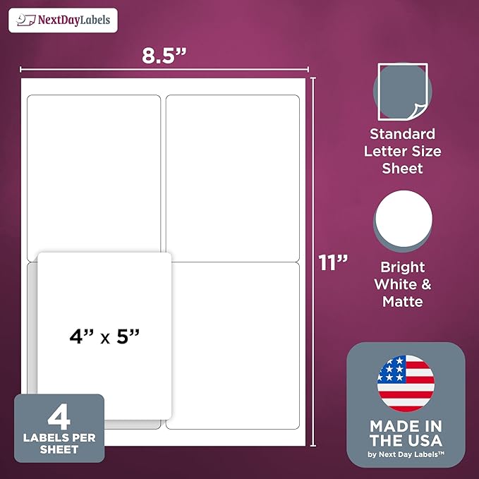 NextDayLabels 4x5 Inch Rectangle Stickers White Blank Labels for Laser Inkjet Printer - 4 Per Sheet Self-Adhesive Shipping Product Packaging Made in USA - 100 Labels
