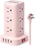 Power Strip with 12 Outlets 4 USB (1 USB C), 6.5Feet Extension Cord with Multiple Outlets, Charging Station, Pink Power Strip Tower, Home Office Desk Supplies