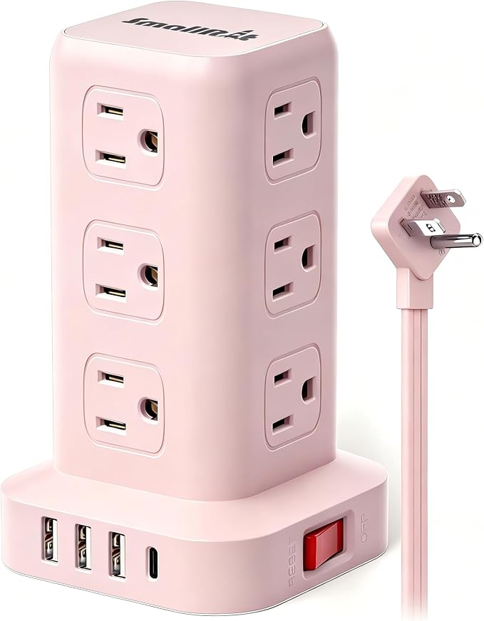 Power Strip with 12 Outlets 4 USB (1 USB C), 6.5Feet Extension Cord with Multiple Outlets, Charging Station, Pink Power Strip Tower, Home Office Desk Supplies