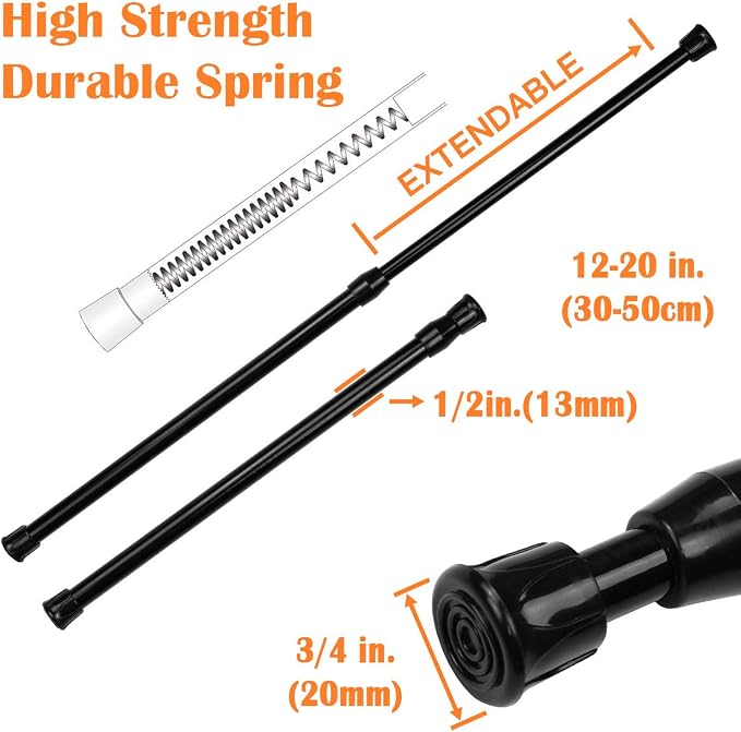 KXLife Tension Curtain Rod No Drill 12-20", Small Spring Rod, 2Pcs, Black | Adjustable Short Tension Rod, Tool-Free Spring Fit, Non-Slip Ends, Suitable for Window, Cupboard, Closet
