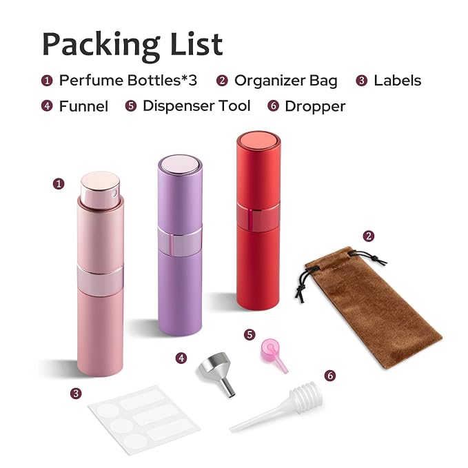 LISAPACK 8ML Atomizer Perfume Spray Bottle for Travel (3 PCS) Empty Cologne Dispenser, Portable Sprayer (Red, Pink, Purple)