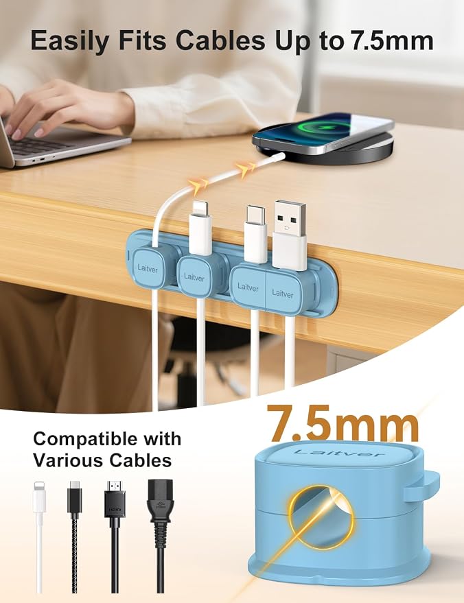 6 Pack Magnetic Cable Clips [1s Open/Lock], Cord Organizer Holder | Strong Adhesive Desk Cable Management- Organize Charging Cords Neatly for Home, Office, Car,Desk, Nightstand-Peak Blue