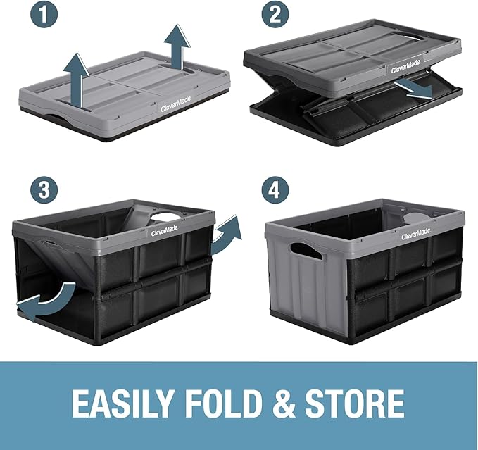 CleverMade Collapsible Storage Bins 62L (3-Pack) – Heavy Duty Collapsible Plastic Storage Bins, Large Stackable Folding Storage Bins for Garage, Car, Grocery & Home Organization - Obsidian