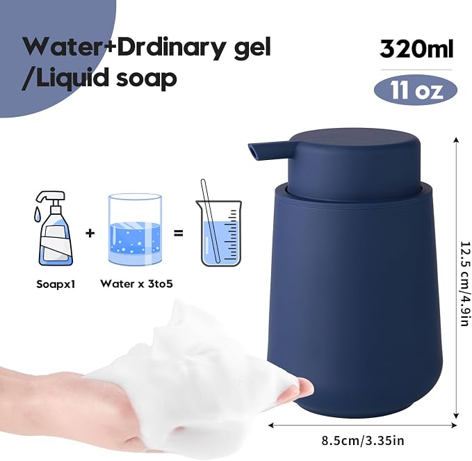 YAUKPH Matte Navy Blue Foaming Hand Soap Dispenser Plastic 11 oz - Modern Minimalist Style for Bathroom & Kitchen Countertop Refillable