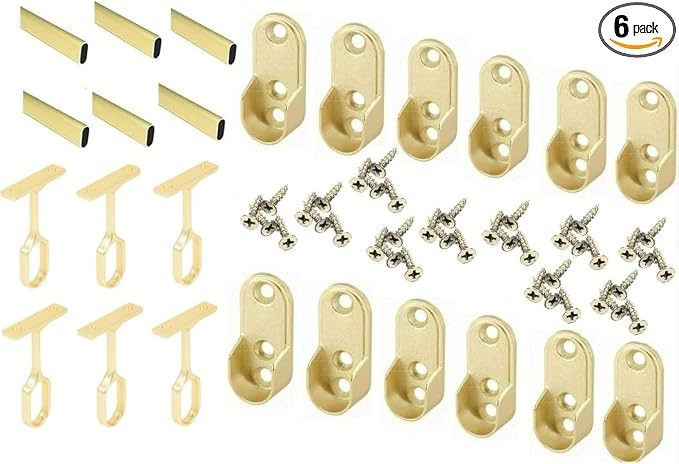 6-Case ProPack Kit Matte Brass 96" Long Oval Wardrobe Closet Rods with 12 End Cap Flanges and 6 Center Supports with Installation screws