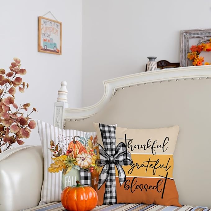 GEEORY Fall Pillow Covers 18x18 Inch Set of 4, Pumpkins Mason Jars Home Sweet Home Striped Seasonal Decorative Throw Pillows Farmhouse Autumn Thanksgiving Decorations for Home Decor (Orange)