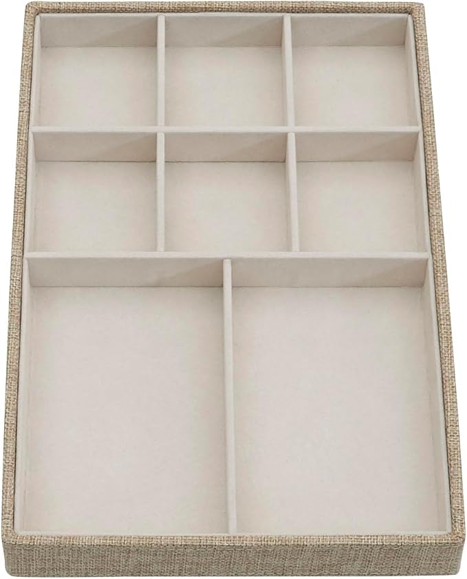 Household Essentials Stackable Jewelry Trays, 3 Varieties, Space for Necklaces, Rings and Earrings, Blended Canvas with Felt Interior, Perfect for Drawers and Closet Shelves, Latte