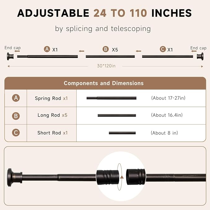 BRIOFOX Bronze Tension Curtain Rod 24 to 110 Inch(2-9.1ft) - Spring Tension Shower Curtain Rod, No Drilling Bronze Tension Rod for Curtains or Windows