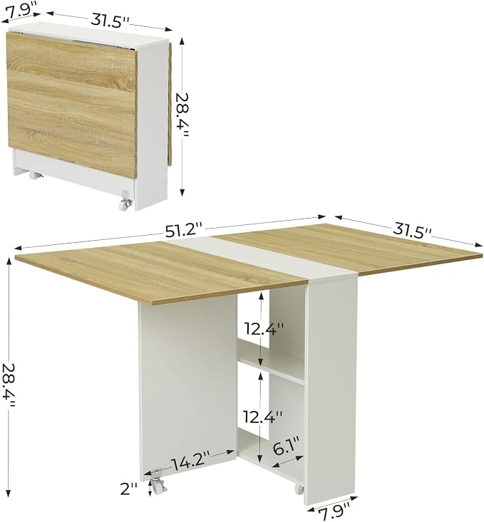 Tiptiper Folding Dining Table with 6 Casters, Drop Leaf Dining Table with Storage Shelves, Folding Kitchen Table for Small Apartments, Pear Wood Color and White