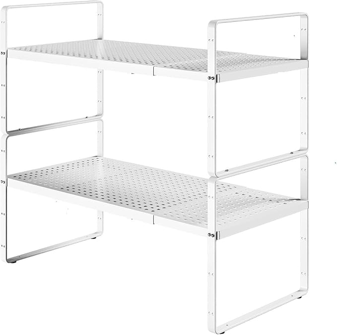 Expandable Cabinet Shelf Organizers, Kitchen Small Stand Rack Organization for Countertop Cupborad Pantry Desktop Spice Rack, White 2 Pack
