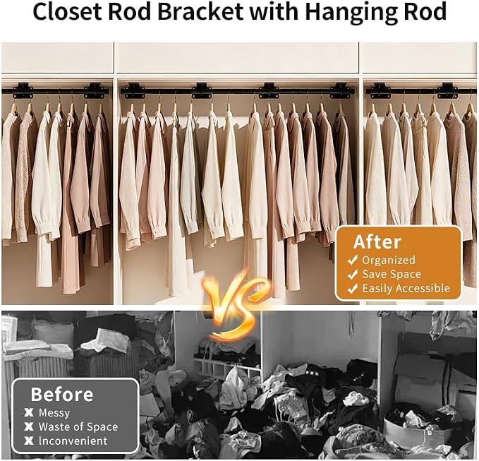 Heavy Duty Closet Rod Bracket with Closet Rod（11-47in Support 200lbs | L-Shaped Wall Mount Closet Shelf Brackets with Adjustable Hanging Rods Hanging Kit for Laundry Wardrobe Bathroom Kitchen