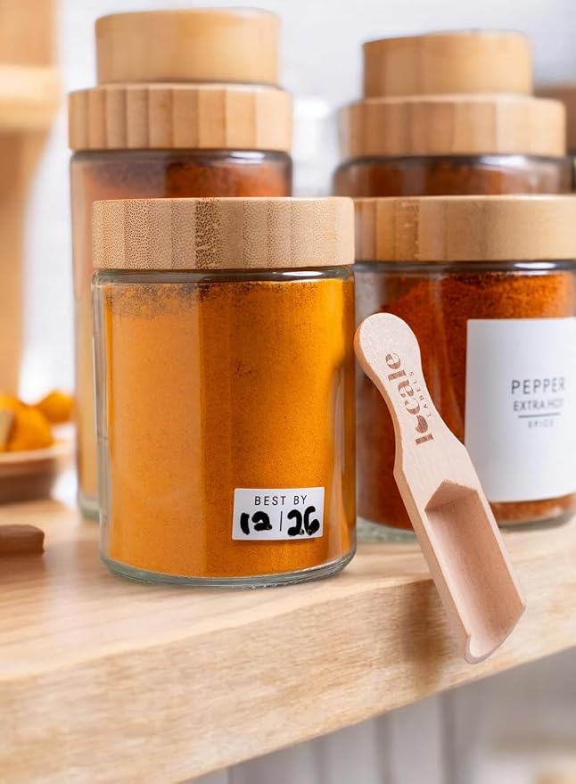 Glass Spice Jars & Labels- 8oz with Bamboo Lids - Spice Containers with 360 labels, Bamboo Lids & Measuring Spoons - Pantry Organization Storage Set for Spices Herbs Seasonings (15)
