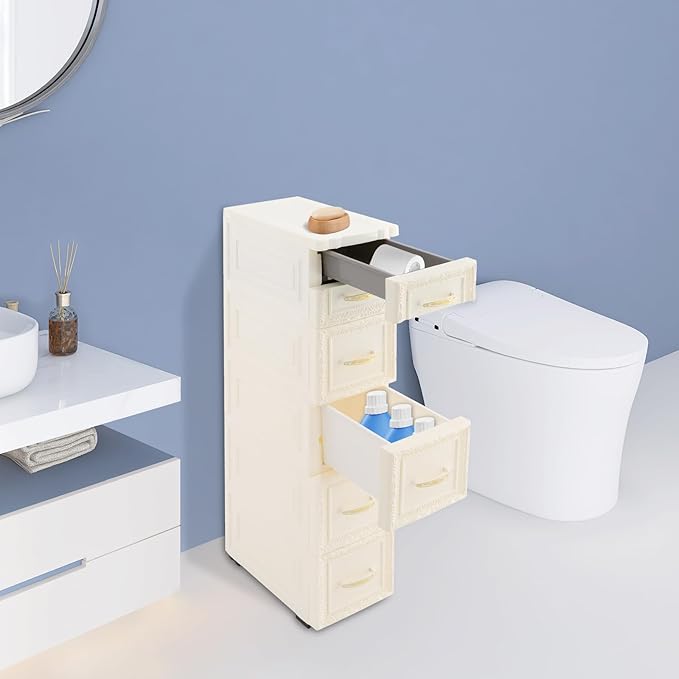 Storage Cabinet, 6 Drawers Narrow Plastic Organizer Cabinet with Wheels, Vertical Drawer Storage Unit, Mobile Slim Utility Furniture for Office, Living Room, Bedroom, Garage (White)